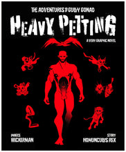 Load image into Gallery viewer, The cover art for Heavy Petting show a horro title font with a red monohrome Gully Gonad striding forward from a black background, apearing like a super hero, surrounded by a corona made up of 7 different pets, who are running, flying, crawling towards the reader.
